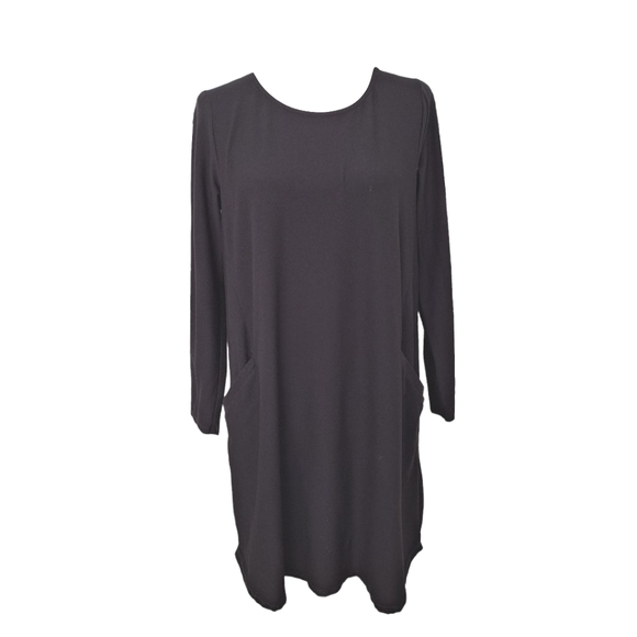 Eileen Fisher Solid Black Viscose Knit Round Neck Dress with Pockets Small S - Picture 2 of 10